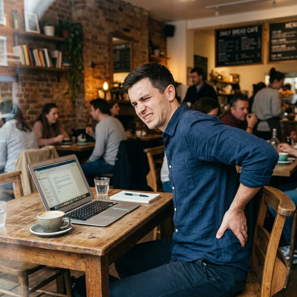 Young digital nomad at a cafe touching back in pain